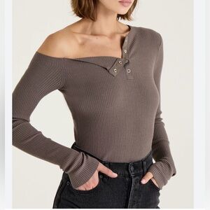 Henne Taupe Ribbed Off-Shoulder Long Sleeve Top